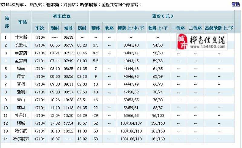 主题: 【桦南-哈尔滨火车时刻表】(含停靠站)