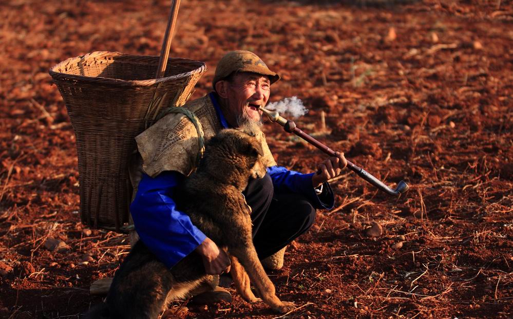 [贴图]红土地上的老人与狗 多么美好!