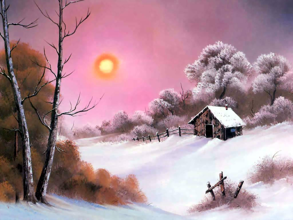 Схема,вышивание крестиком - Картина Боба Росса - Жаркий зимний день.